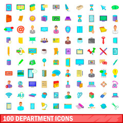 100 department icons set, cartoon style