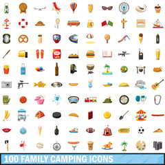 100 family camping icons set, cartoon style