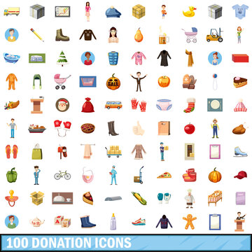 100 donation icons set, cartoon style