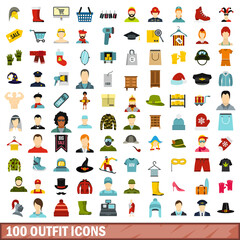 100 outfit icons set, flat style