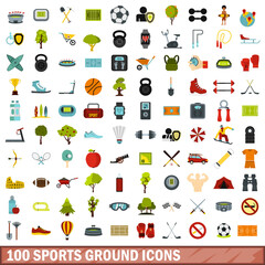 100 sports ground icons set, flat style