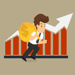 Businessman carrying a bag of money, chart arrow up. vector