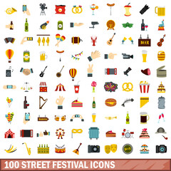 100 street festival icons set, flat style