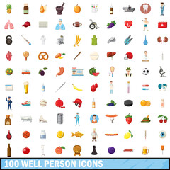 100 well person icons set, cartoon style