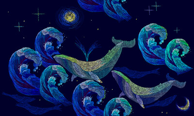 Naklejka premium Hafty wielorybów wzór. Błękitne wieloryby unoszą się na nocnym morzu. Klasyczny haft artystyczny, wzór duże fale oceanu i wieloryby. Szablon do projektowania ubrań, tekstyliów, t-shirtów