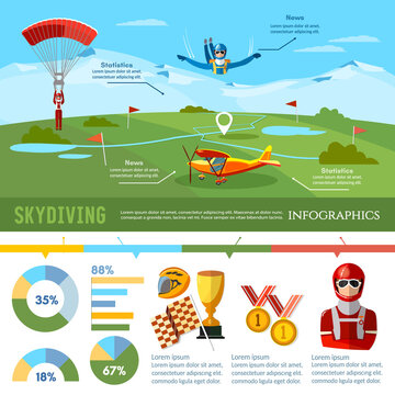 Skydiving teamwork infographic championship on jumps from parachute extreme sport. Skydiver jumps from an airplane vector