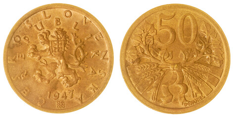 50 haleru 1947 coin isolated on white background, Czechoslovakia