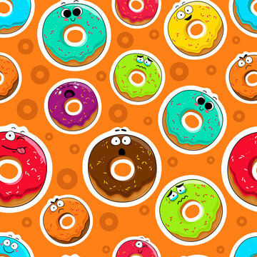 Cartoon donut cute characters face isolated vector illustration. Funny sweets face icon seamless background. Cartoon face food emoji. Sweets emoticon.