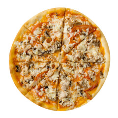 Fresh homemade tasty pizza on white background.