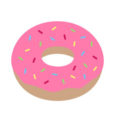 Sweet donut with pink icing and colorful sprinkles. Vector illustration doodle drawing.