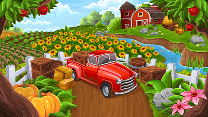 Background with car in farm style. Vector illustration © saranai