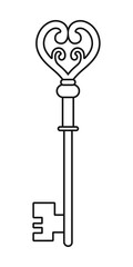 Vintage key for coloring book. Black linear silhouette isolated on white background.