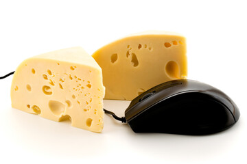 Cheese and computer mouse on white