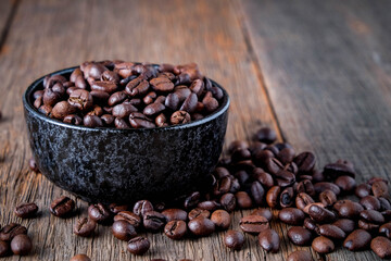 Coffee beans on wooden floor Popular drinks