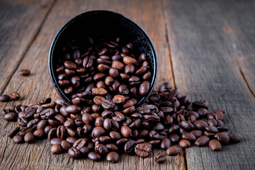 Coffee beans on wooden floor Popular drinks