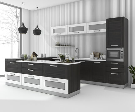 3d rendering black bar kitchen in minimal room in winter