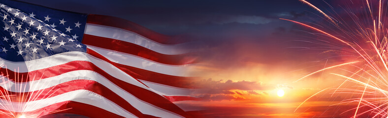 American Celebration - Usa Flag And Fireworks At Sunset
