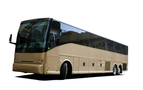 Isolated gold tour charter bus with tinted windows.