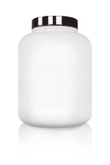 Bodybuilding supplements, a can of whey protein and gainer powder isolated on white background with clipping path, sport nutrition container without label.