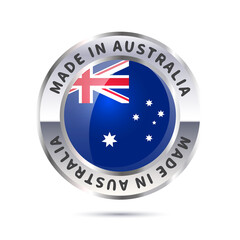 Metal badge icon, made in Australia with flag