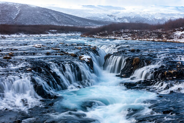 beautiful Bruarfoss waterfall with turquoise water