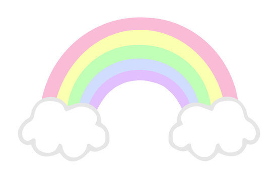 Pastel colorful rainbow with clouds, vector illustration doodle drawing.