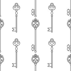 Black and white seamless pattern with vintage, old keys for coloring books, pages.