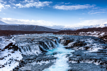 beautiful Bruarfoss waterfall with turquoise water
