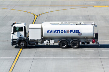 Aviation fuel tanker truck on the taxiway