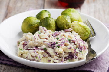 Dutch dish Stamppot with red cabbage and Brussels sprout