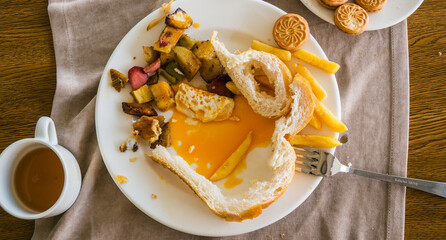 Dirty plate with leftovers after breakfast. Fried eggs, fried or baked peppers and bread. A fork and a knife lie on a plate. A cup with the remains of tea stands side by side on the table.