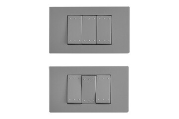Gray electric switch outlet on white background.