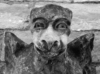 medieval gargoyle grotesque face on stone church wall
