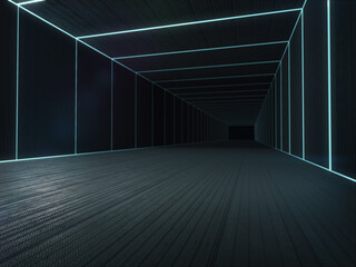 Long dark corridor interior with futuristic light.3D rendering