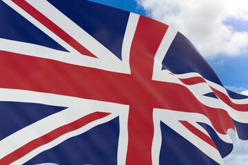 3D rendering of United Kingdom flag waving on blue sky background