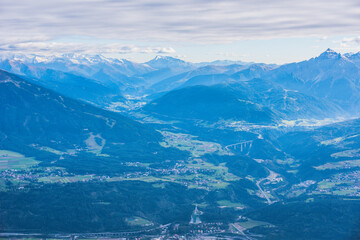 View from Hafelekarspitze at Innsbruck to the Brenner Pass between Austria and Italy with beautiful...