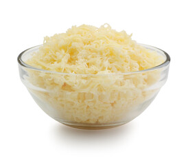 Grated cheese in a glass bowl isolated