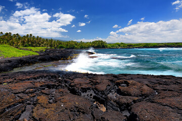 Rough and rocky shore at south coast of the Big Island of Hawaii
