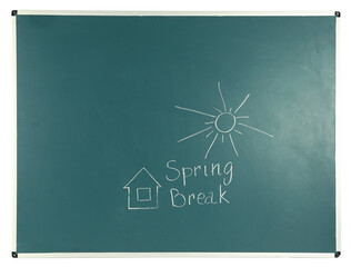 "Spring break" text and drawings on chalkboard, white background