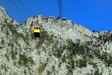 Cable car to mount Ai-Petri, view from the cabin funicular to the mountain top and descending...