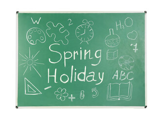 Drawings and "SPRING HOLIDAY" text on chalkboard, white background