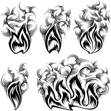 Fire with spurts of flame with swirled smoke; Vector set of monochrome icons in ink hand drawing style for tattoo or print design