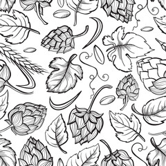 Hand drawn engraving style Hops Seamless pattern. Common hop or Humulus lupulus branch with leaves and cones. Black and white Vector Floral background