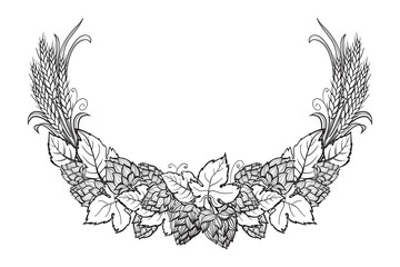 Naklejka premium Wheat and beer hops branch with wheat ears, leaves and hop cones. Sketch and engraving design plant angular frame. All element isolated.
