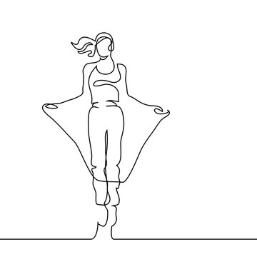 recommend clip art: Continuous line drawing. Happy jumping woman on white background. Vector illustration.