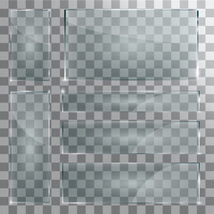 Vector modern transparent glass plates set on sample background. 