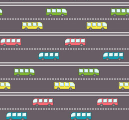 Cute bus on the road pattern, kids pattern with buses on the road with straight and dashed stripe