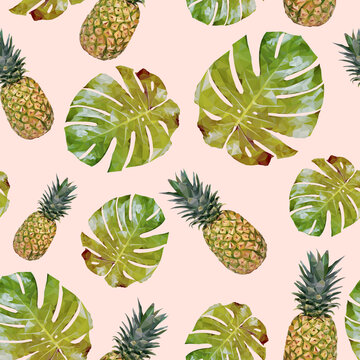 Seamless pattern with pineapple and palm leaves. Vector pattern with triangulated pineapple and palm trees