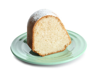 Ceramic plate with slice of delicious yogurt cake on white background
