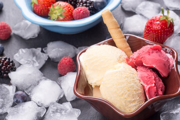 Refreshing ice cream on table